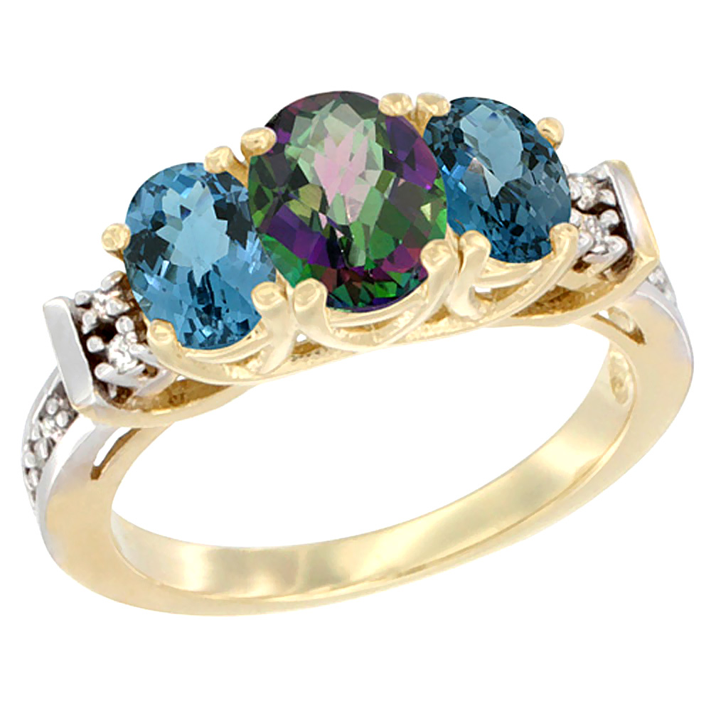 14K Yellow Gold Natural Mystic Topaz & London Blue Ring 3-Stone Oval Diamond Accent