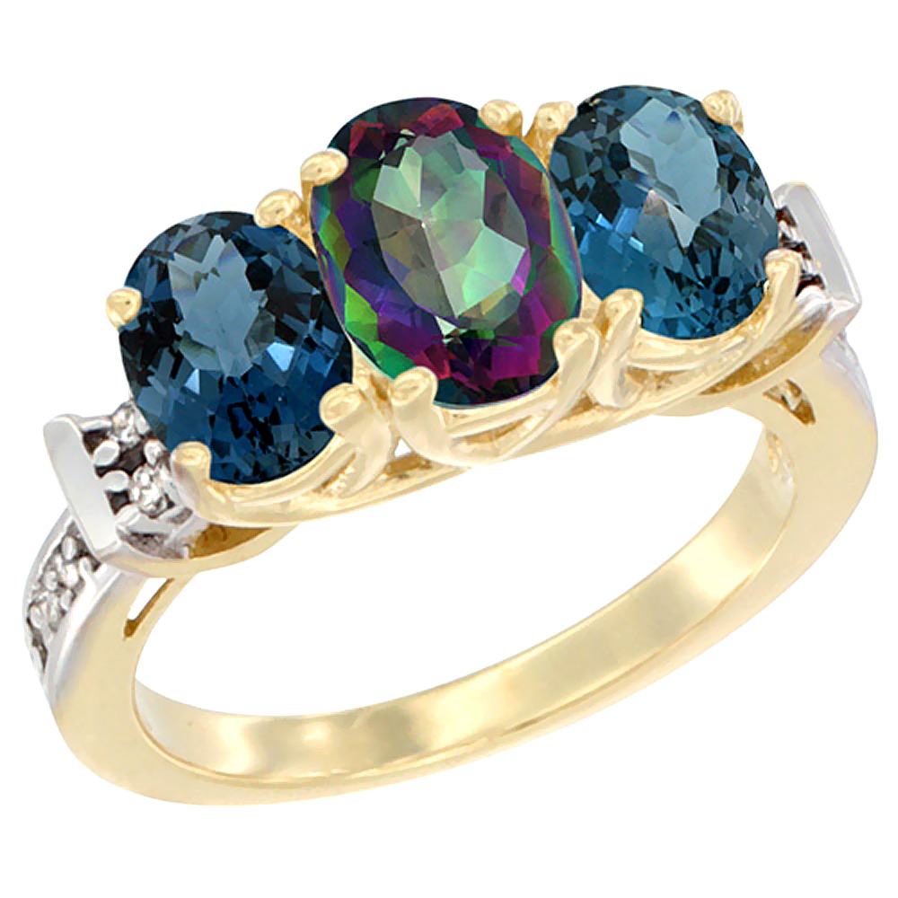 10K Yellow Gold Natural Mystic Topaz &amp; London Blue Topaz Sides Ring 3-Stone Oval Diamond Accent, sizes 5 - 10