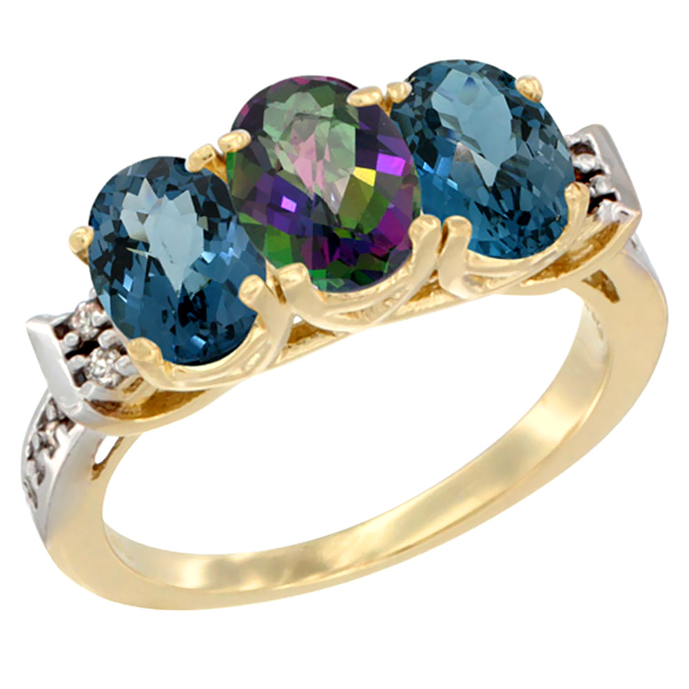 10K Yellow Gold Natural Mystic Topaz &amp; London Blue Topaz Sides Ring 3-Stone Oval 7x5 mm Diamond Accent, sizes 5 - 10