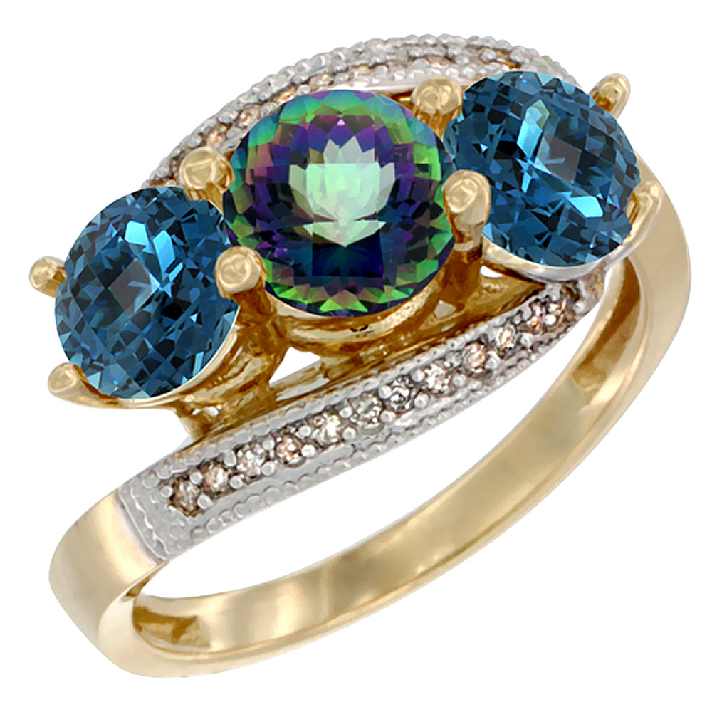 10K Yellow Gold Natural Mystic Topaz &amp; London Blue Topaz Sides 3 stone Ring Round 6mm Diamond Accent, sizes 5 - 10