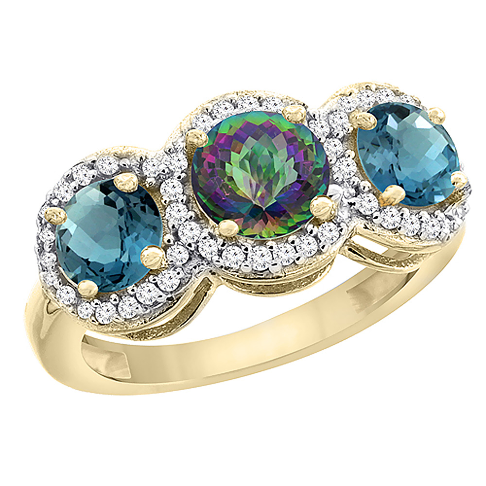 10K Yellow Gold Natural Mystic Topaz &amp; London Blue Topaz Sides Round 3-stone Ring Diamond Accents, sizes 5 - 10
