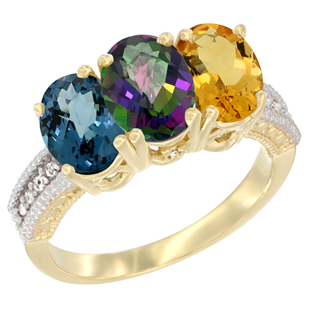 10K Yellow Gold Diamond Natural London Blue Topaz, Mystic Topaz & Citrine Ring 3-Stone Oval 7x5 mm, sizes 5 - 10