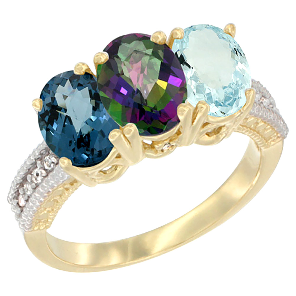 10K Yellow Gold Diamond Natural London Blue Topaz, Mystic Topaz &amp; Aquamarine Ring 3-Stone Oval 7x5 mm, sizes 5 - 10
