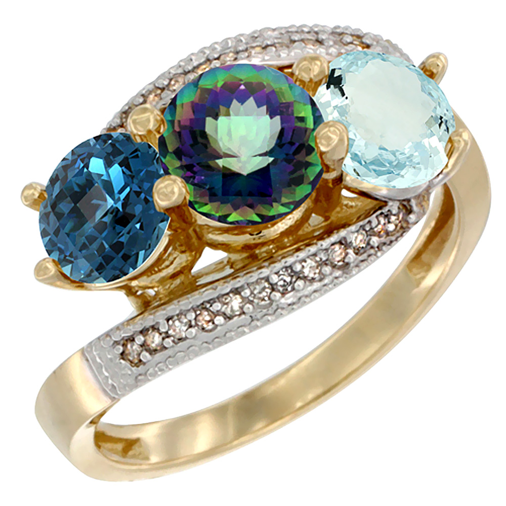 14K Yellow Gold Natural London Blue Topaz, Mystic Topaz & Aquamarine 3 stone Ring Round 6mm Diamond Accent, sizes 5 - 10