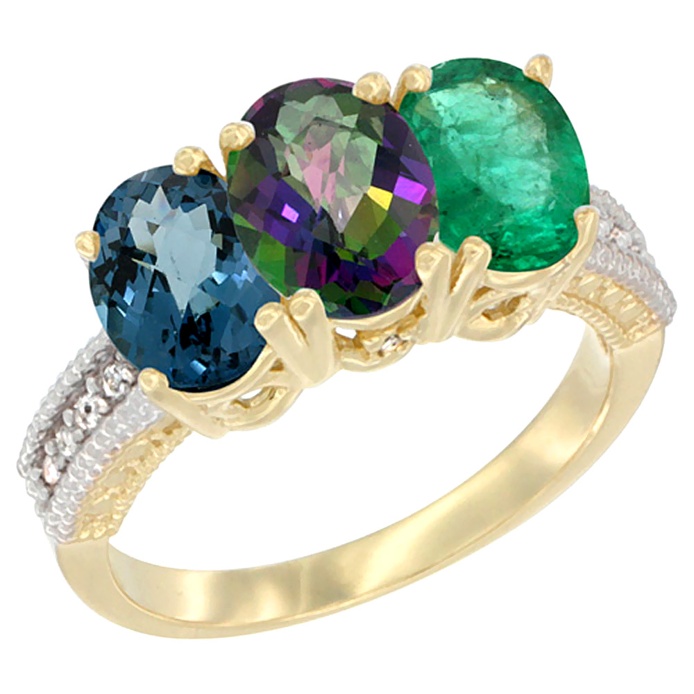 10K Yellow Gold Diamond Natural London Blue Topaz, Mystic Topaz & Emerald Ring 3-Stone Oval 7x5 mm, sizes 5 - 10