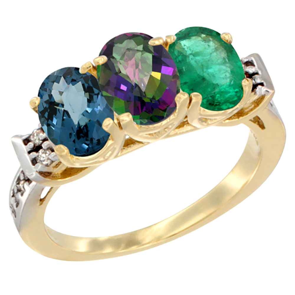 10K Yellow Gold Natural London Blue Topaz, Mystic Topaz &amp; Emerald Ring 3-Stone Oval 7x5 mm Diamond Accent, sizes 5 - 10