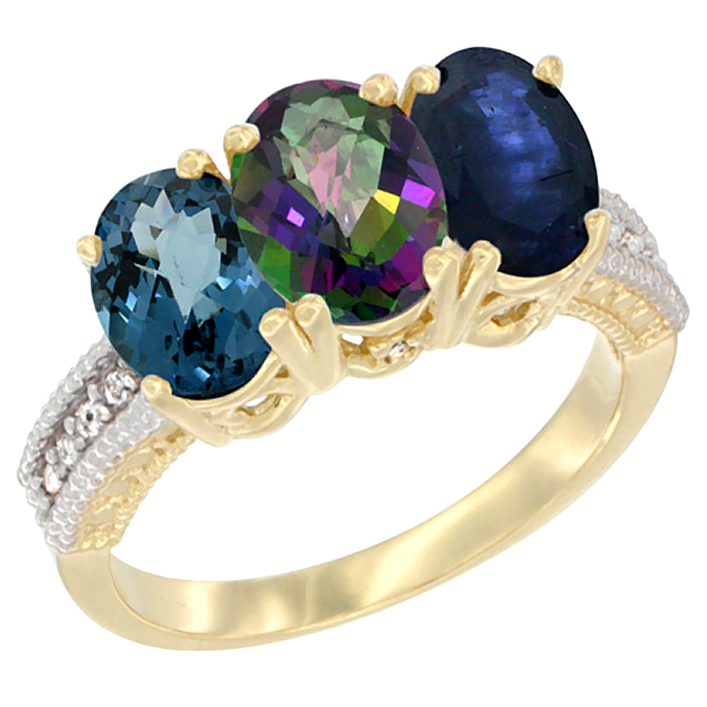 14K Yellow Gold Natural London Blue Topaz, Mystic Topaz &amp; Blue Sapphire Ring 3-Stone 7x5 mm Oval Diamond Accent, sizes 5 - 10