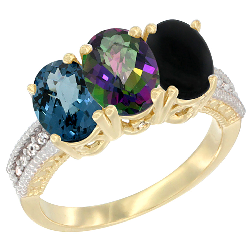 10K Yellow Gold Diamond Natural London Blue Topaz, Mystic Topaz & Black Onyx Ring 3-Stone Oval 7x5 mm, sizes 5 - 10