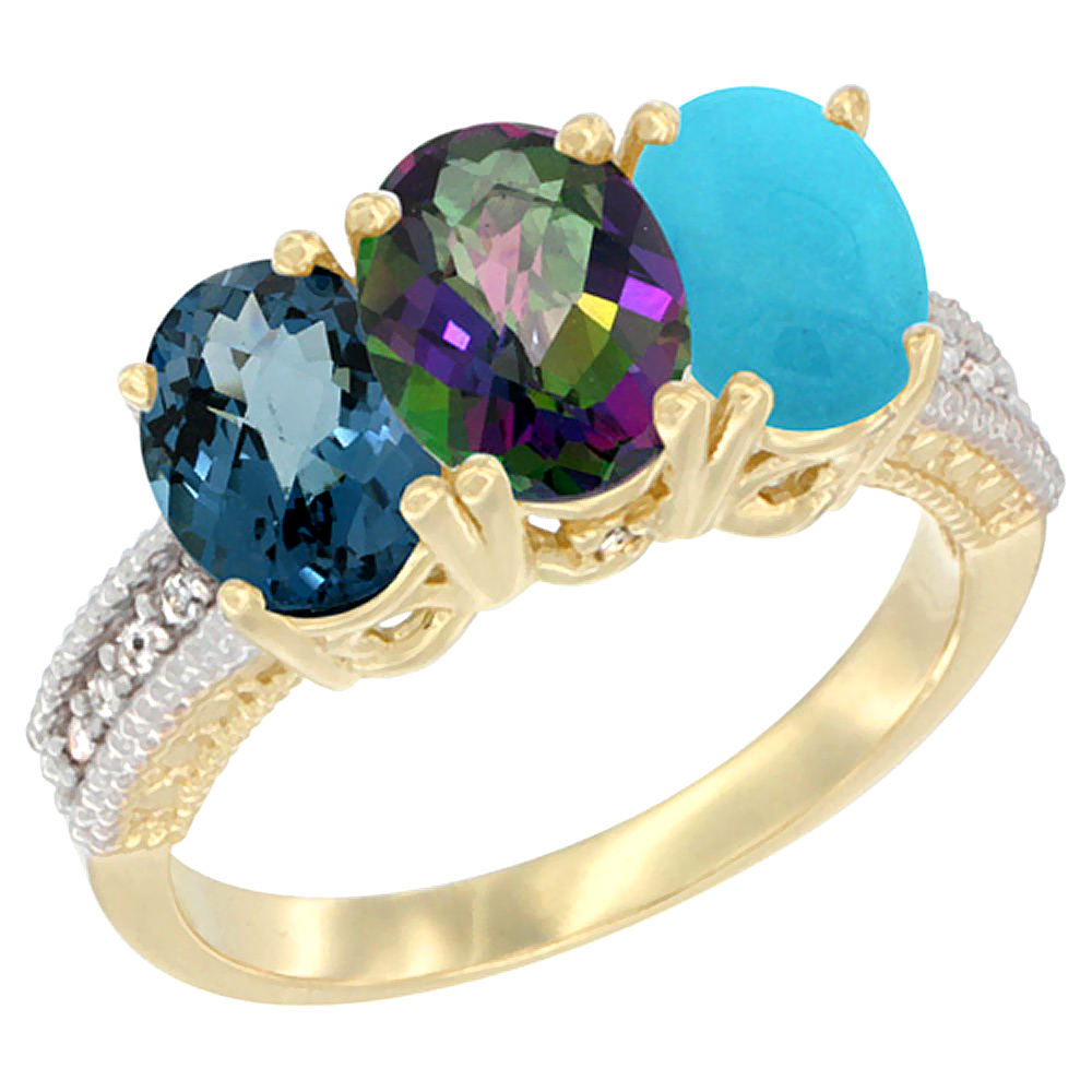 14K Yellow Gold Natural London Blue Topaz, Mystic Topaz &amp; Turquoise Ring 3-Stone 7x5 mm Oval Diamond Accent, sizes 5 - 10