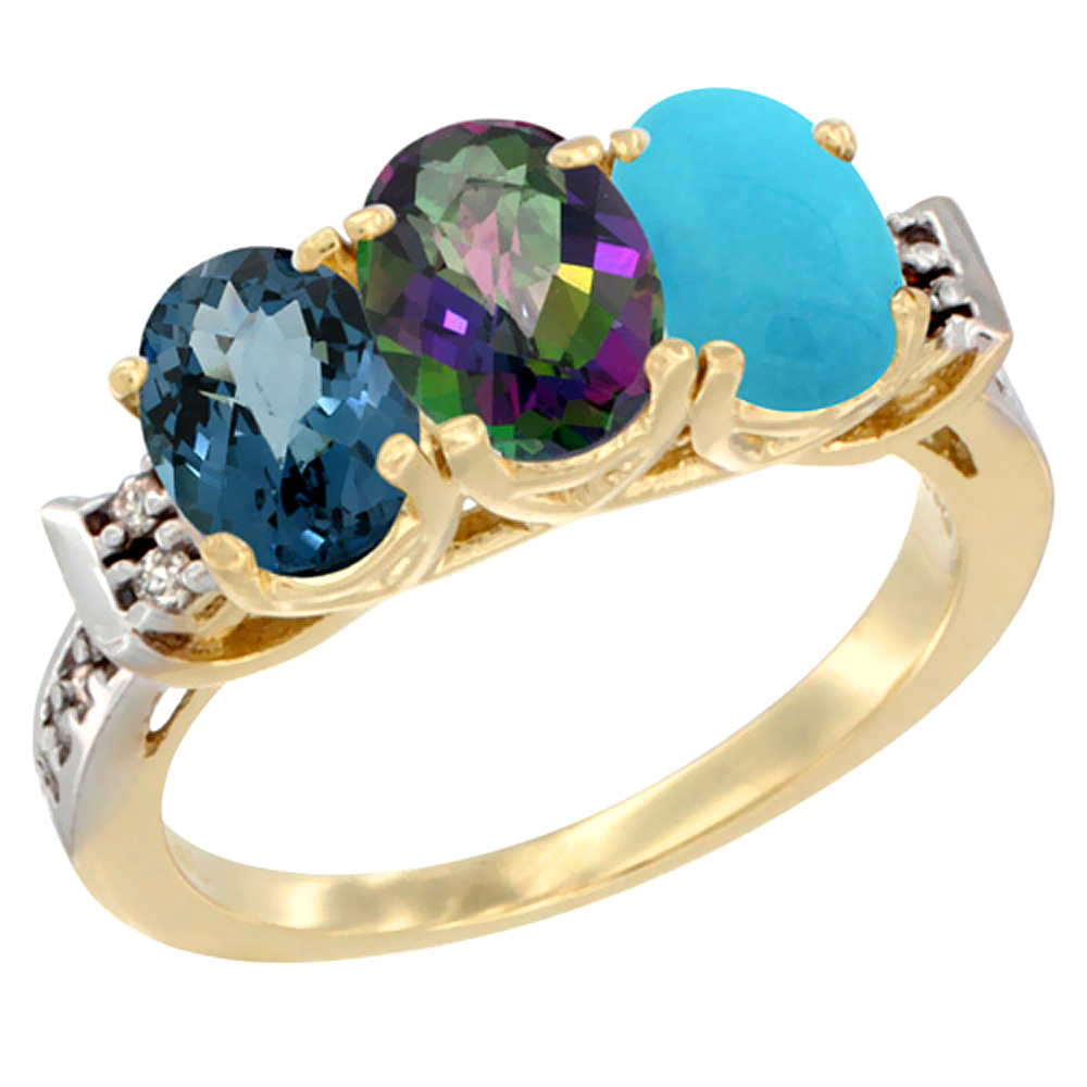 14K Yellow Gold Natural London Blue Topaz, Mystic Topaz & Turquoise Ring 3-Stone 7x5 mm Oval Diamond Accent, sizes 5 - 10