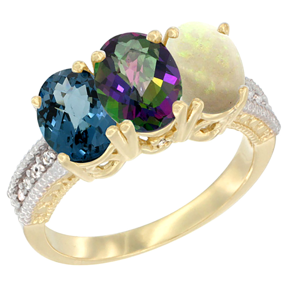 14K Yellow Gold Natural London Blue Topaz, Mystic Topaz & Opal Ring 3-Stone 7x5 mm Oval Diamond Accent, sizes 5 - 10