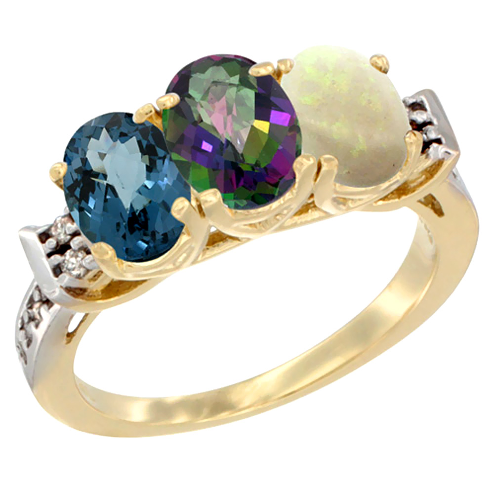 14K Yellow Gold Natural London Blue Topaz, Mystic Topaz &amp; Opal Ring 3-Stone 7x5 mm Oval Diamond Accent, sizes 5 - 10