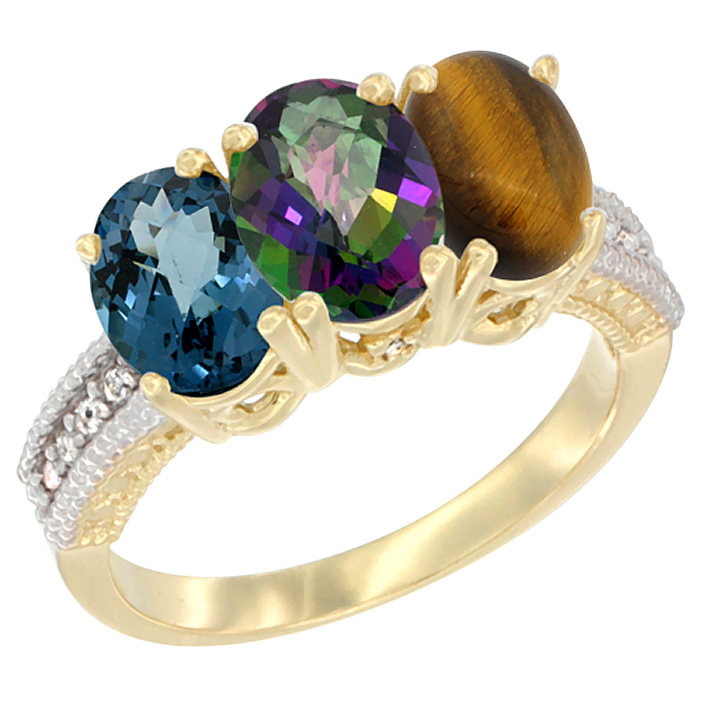10K Yellow Gold Diamond Natural London Blue Topaz, Mystic Topaz &amp; Tiger Eye Ring 3-Stone Oval 7x5 mm, sizes 5 - 10