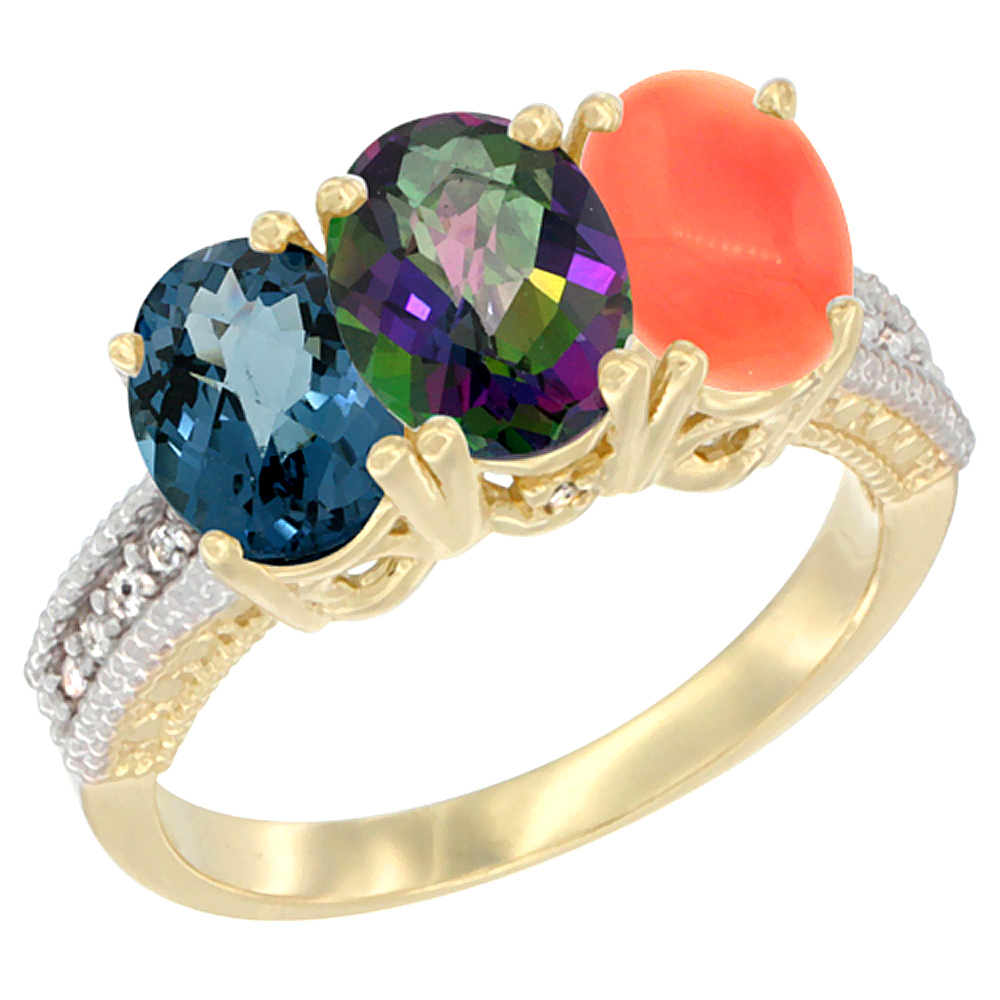 10K Yellow Gold Diamond Natural London Blue Topaz, Mystic Topaz &amp; Coral Ring 3-Stone Oval 7x5 mm, sizes 5 - 10