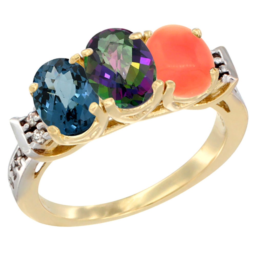 10K Yellow Gold Natural London Blue Topaz, Mystic Topaz & Coral Ring 3-Stone Oval 7x5 mm Diamond Accent, sizes 5 - 10