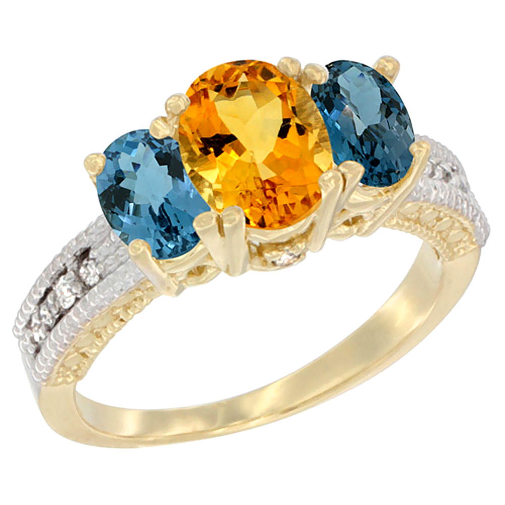 10K Yellow Gold Diamond Natural Citrine Ring Oval 3-stone with London Blue Topaz, sizes 5 - 10