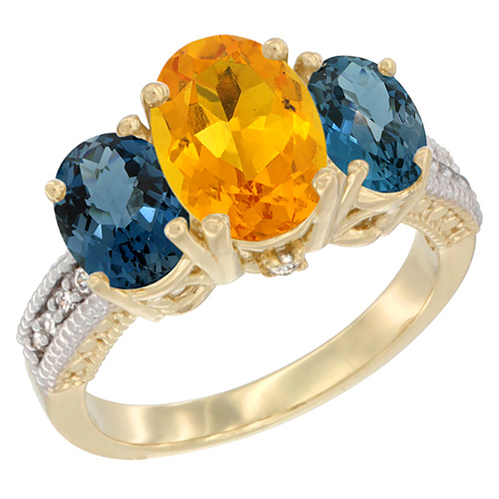 10K Yellow Gold Diamond Natural Citrine Ring 3-Stone Oval 8x6mm with London Blue Topaz, sizes5-10