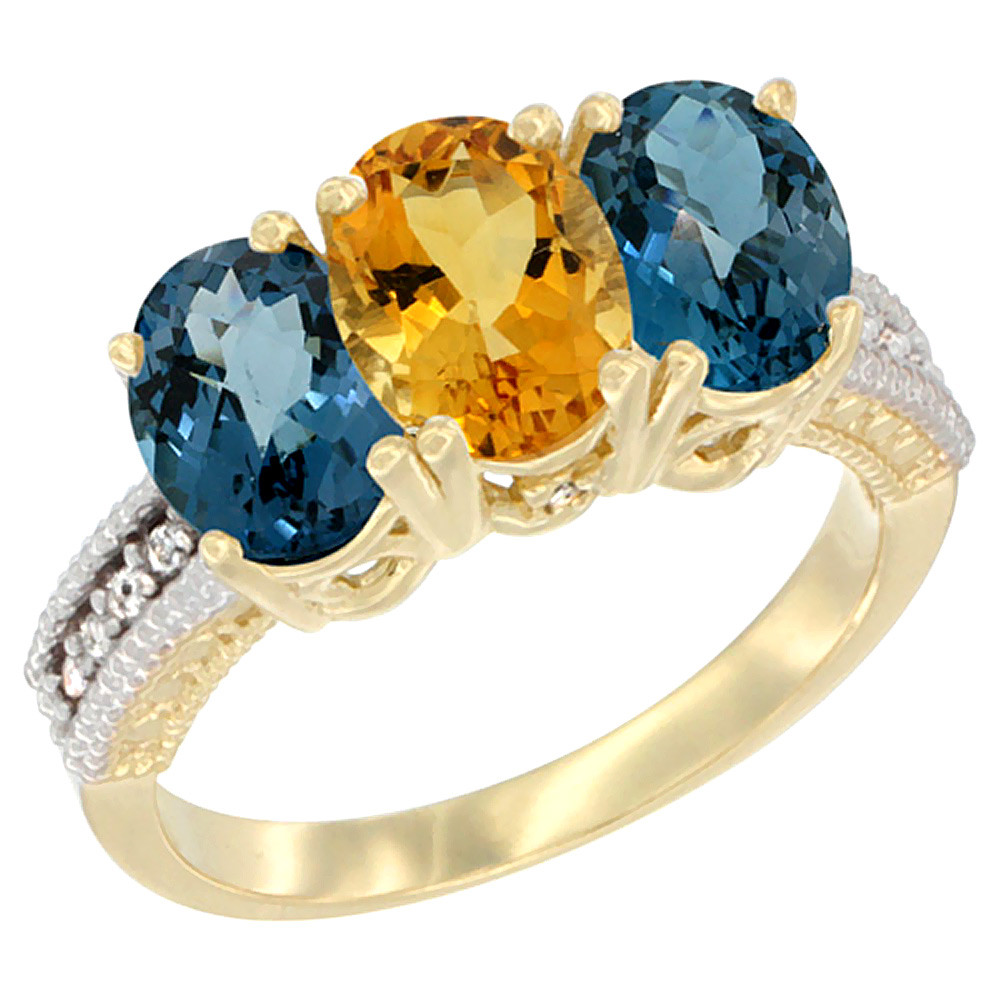 14K Yellow Gold Natural Citrine & London Blue Topaz Sides Ring 3-Stone 7x5 mm Oval Diamond Accent, sizes 5 - 10