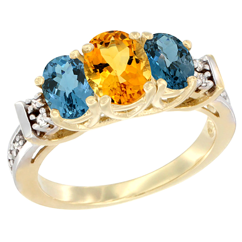 10K Yellow Gold Natural Citrine & London Blue Ring 3-Stone Oval Diamond Accent