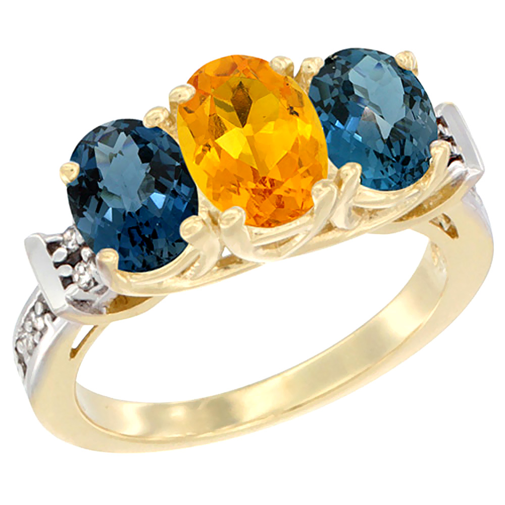 10K Yellow Gold Natural Citrine & London Blue Topaz Sides Ring 3-Stone Oval Diamond Accent, sizes 5 - 10