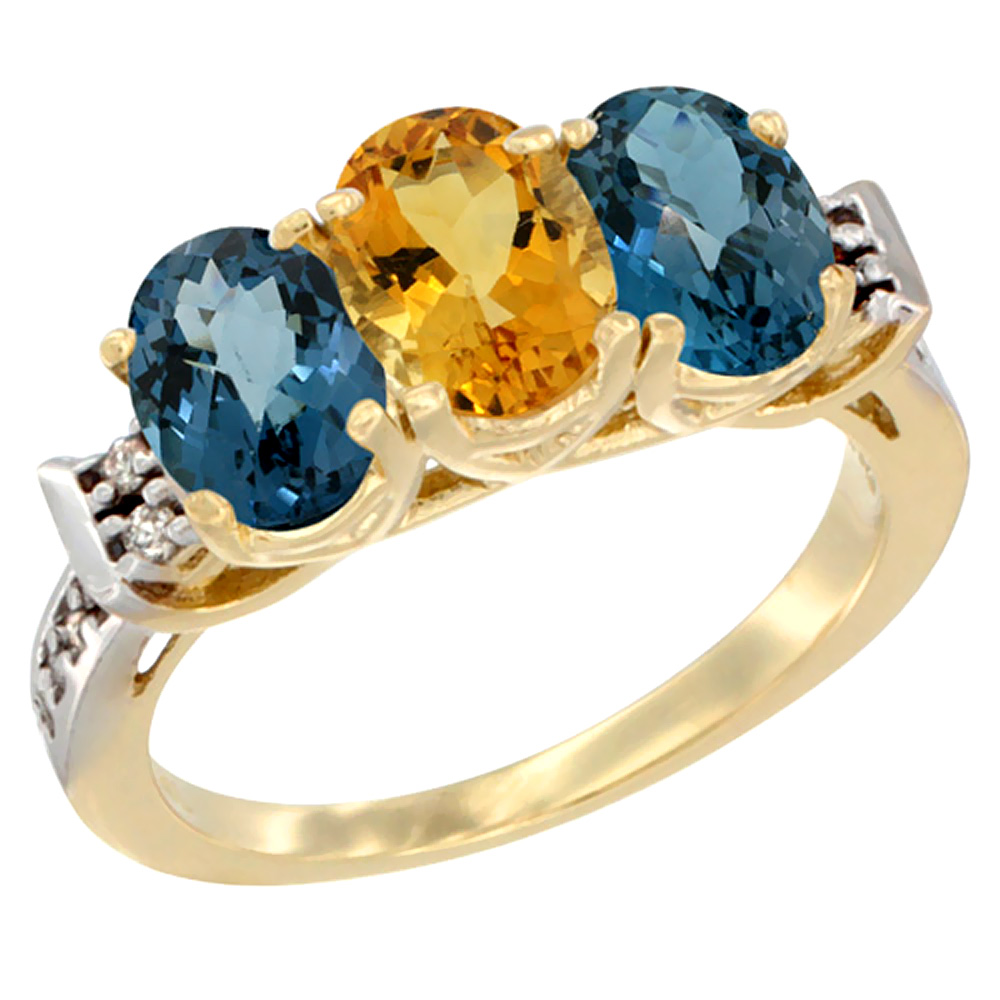 10K Yellow Gold Natural Citrine & London Blue Topaz Sides Ring 3-Stone Oval 7x5 mm Diamond Accent, sizes 5 - 10