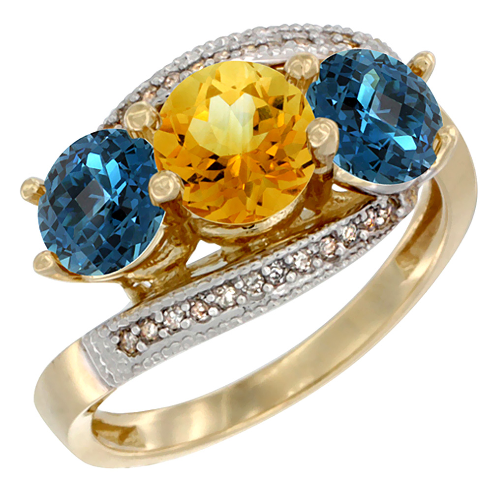 14K Yellow Gold Natural Citrine & London Blue Topaz Sides 3 stone Ring Round 6mm Diamond Accent, sizes 5 - 10