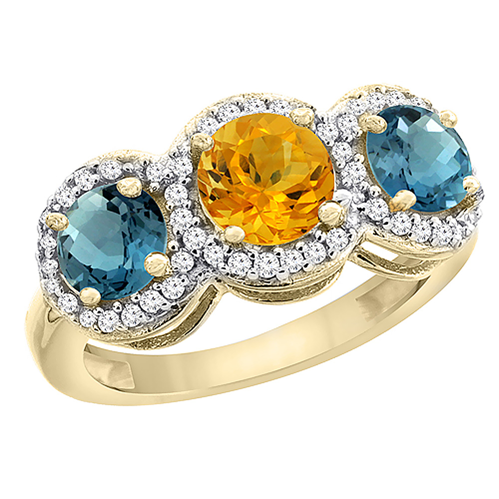10K Yellow Gold Natural Citrine & London Blue Topaz Sides Round 3-stone Ring Diamond Accents, sizes 5 - 10