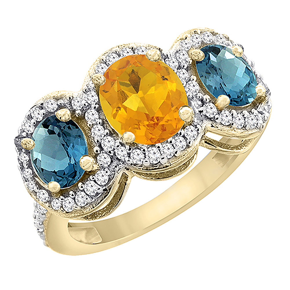 14K Yellow Gold Natural Citrine & London Blue Topaz 3-Stone Ring Oval Diamond Accent, sizes 5 - 10