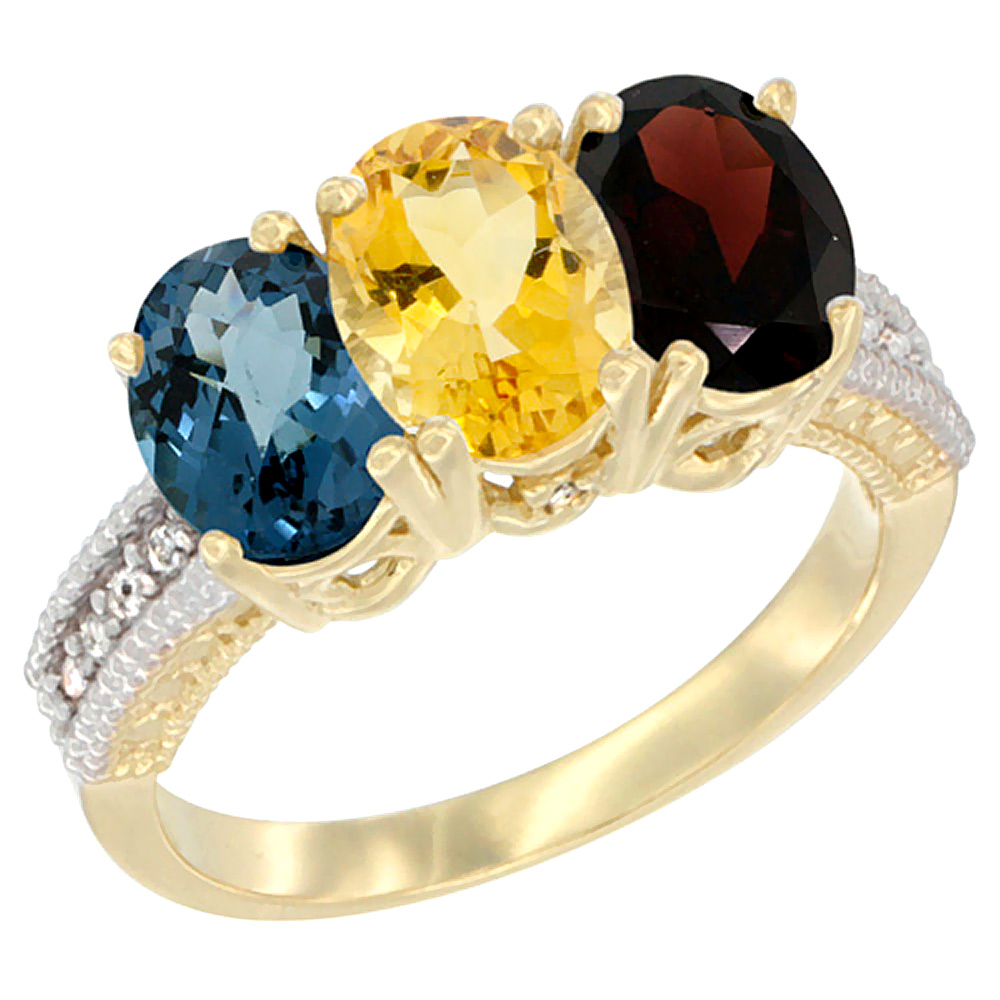 14K Yellow Gold Natural London Blue Topaz, Citrine & Garnet Ring 3-Stone 7x5 mm Oval Diamond Accent, sizes 5 - 10