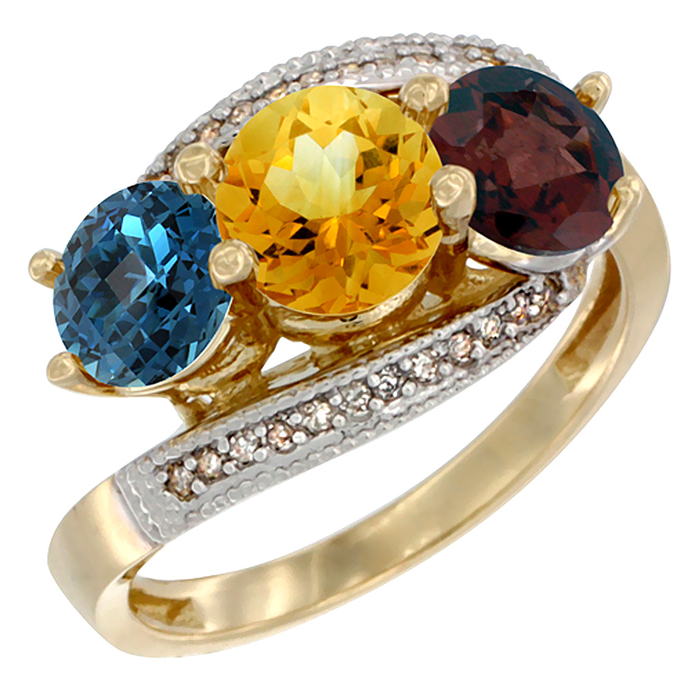 10K Yellow Gold Natural London Blue Topaz, Citrine &amp; Garnet 3 stone Ring Round 6mm Diamond Accent, sizes 5 - 10