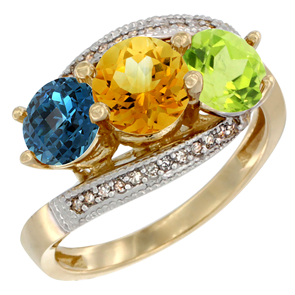 14K Yellow Gold Natural London Blue Topaz, Citrine & Peridot 3 stone Ring Round 6mm Diamond Accent, sizes 5 - 10