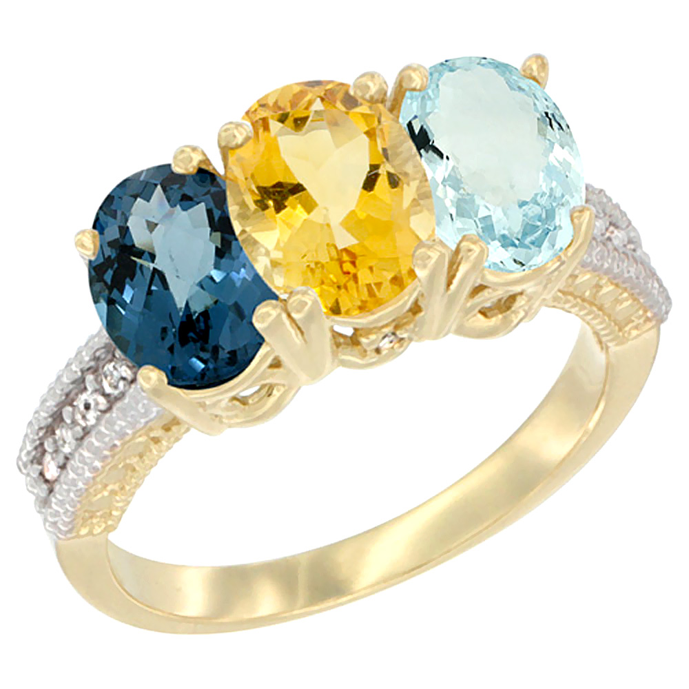 10K Yellow Gold Diamond Natural London Blue Topaz, Citrine &amp; Aquamarine Ring 3-Stone Oval 7x5 mm, sizes 5 - 10