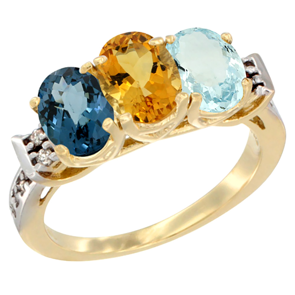 10K Yellow Gold Natural London Blue Topaz, Citrine & Aquamarine Ring 3-Stone Oval 7x5 mm Diamond Accent, sizes 5 - 10