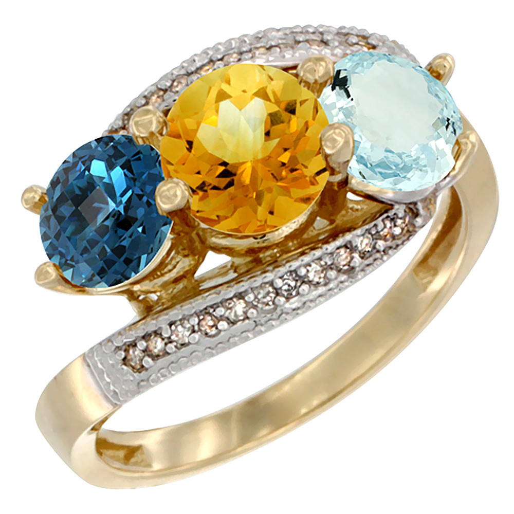 10K Yellow Gold Natural London Blue Topaz, Citrine &amp; Aquamarine 3 stone Ring Round 6mm Diamond Accent, sizes 5 - 10