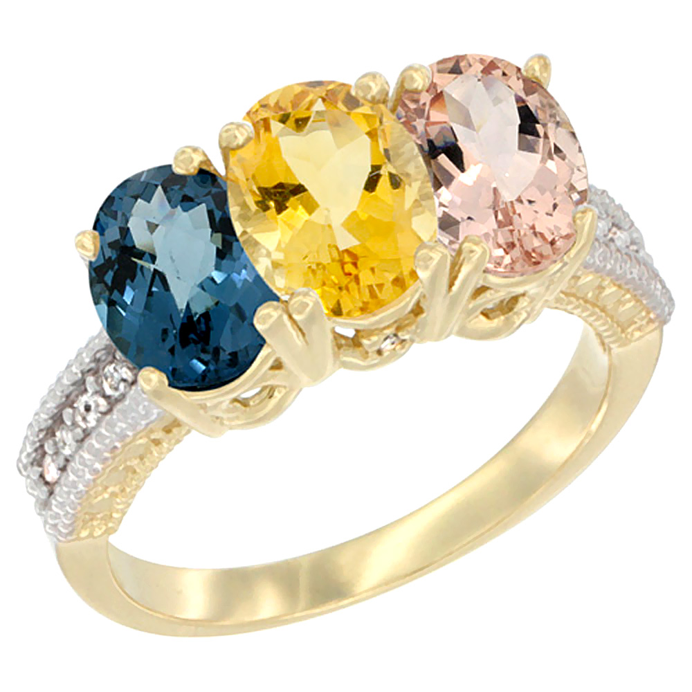 10K Yellow Gold Diamond Natural London Blue Topaz, Citrine & Morganite Ring 3-Stone Oval 7x5 mm, sizes 5 - 10