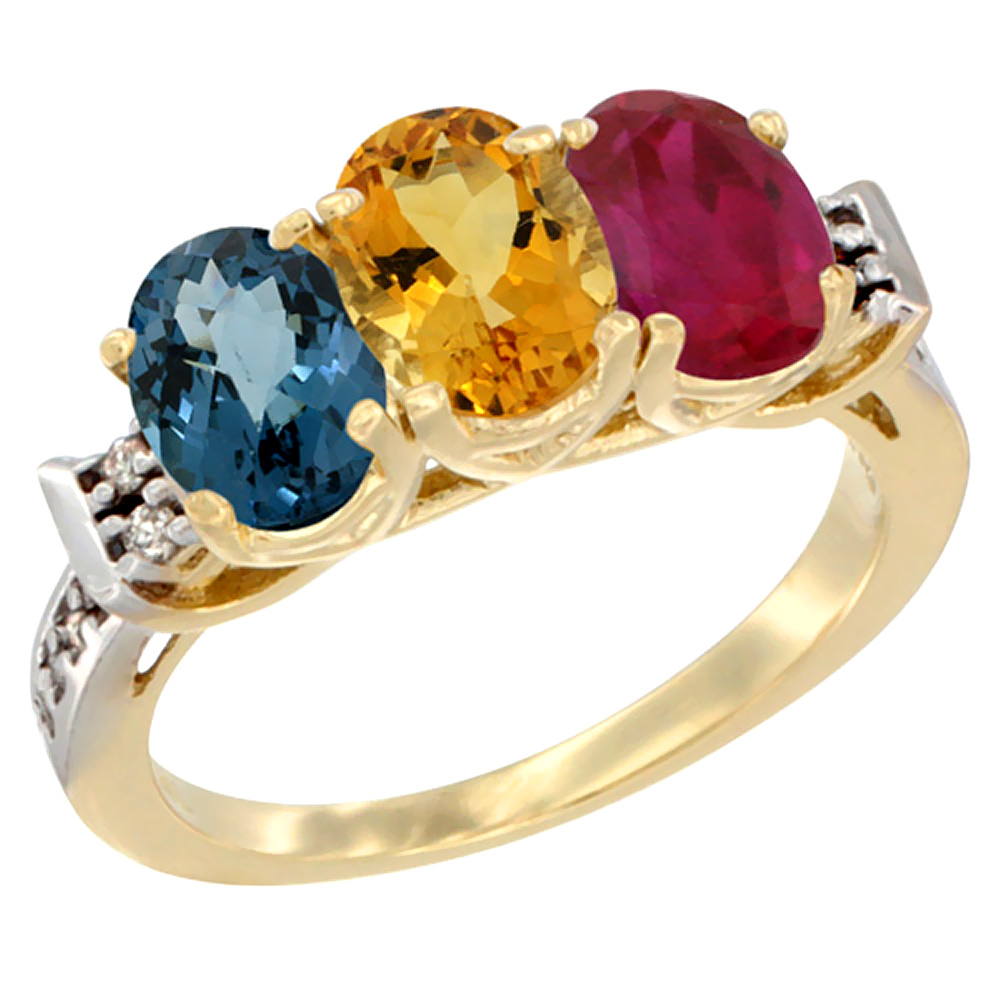 10K Yellow Gold Natural London Blue Topaz, Citrine & Enhanced Ruby Ring 3-Stone Oval 7x5 mm Diamond Accent, sizes 5 - 10