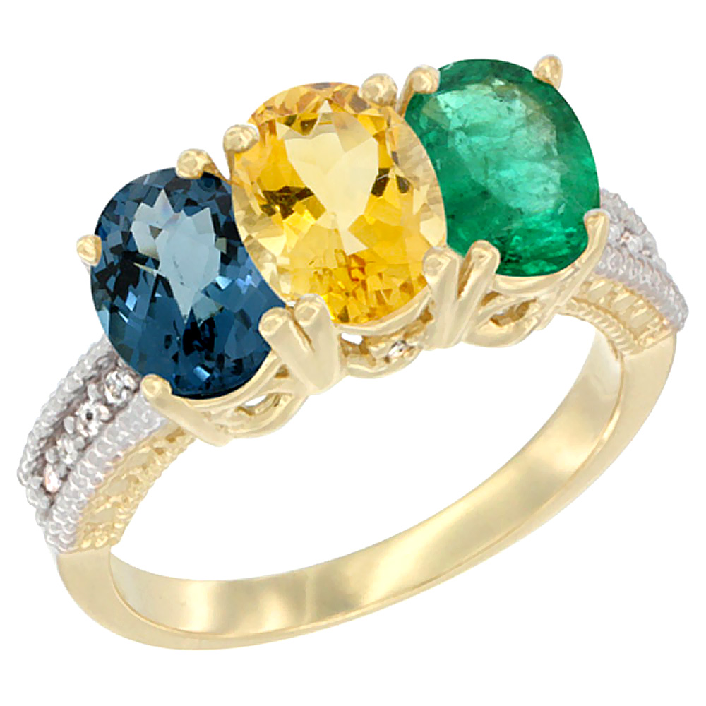 10K Yellow Gold Diamond Natural London Blue Topaz, Citrine &amp; Emerald Ring 3-Stone Oval 7x5 mm, sizes 5 - 10