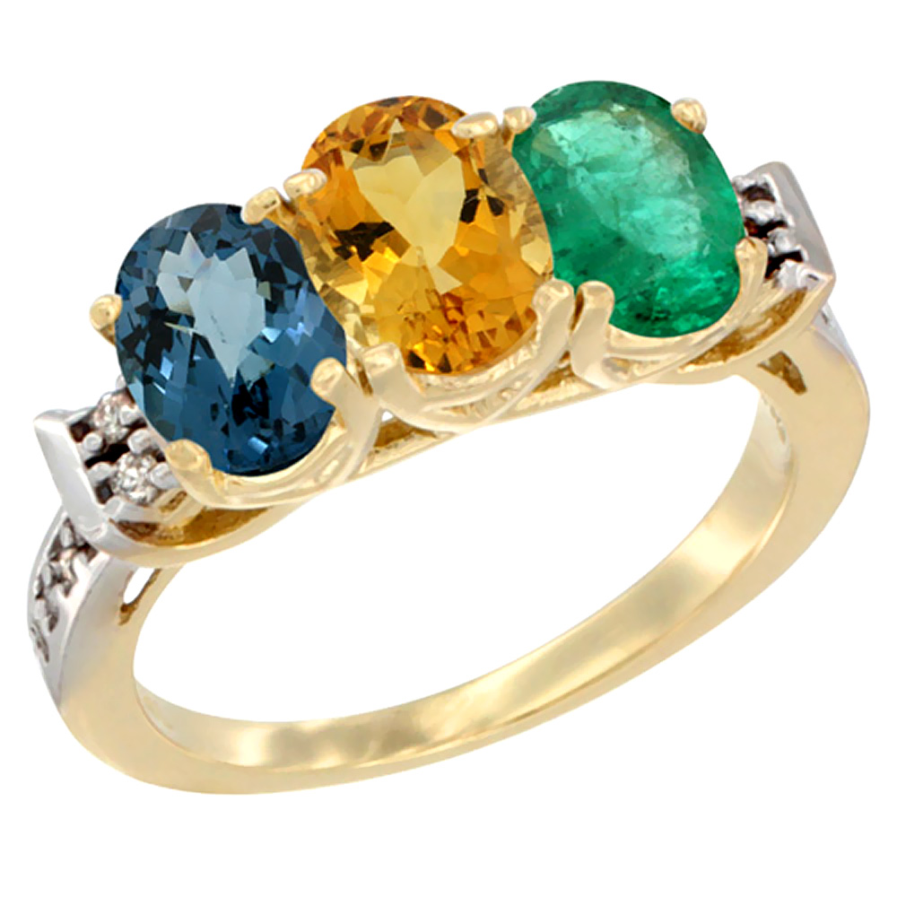 10K Yellow Gold Natural London Blue Topaz, Citrine &amp; Emerald Ring 3-Stone Oval 7x5 mm Diamond Accent, sizes 5 - 10