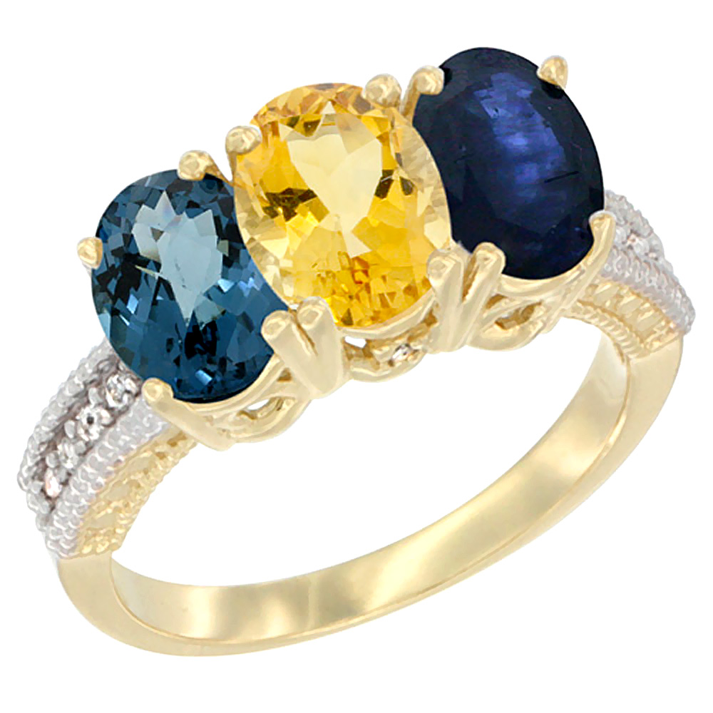 14K Yellow Gold Natural London Blue Topaz, Citrine &amp; Blue Sapphire Ring 3-Stone 7x5 mm Oval Diamond Accent, sizes 5 - 10