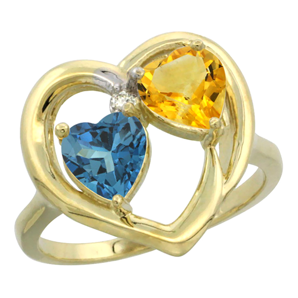 14K Yellow Gold Diamond Two-stone Heart Ring 6mm Natural London Blue Topaz & Citrine, sizes 5-10