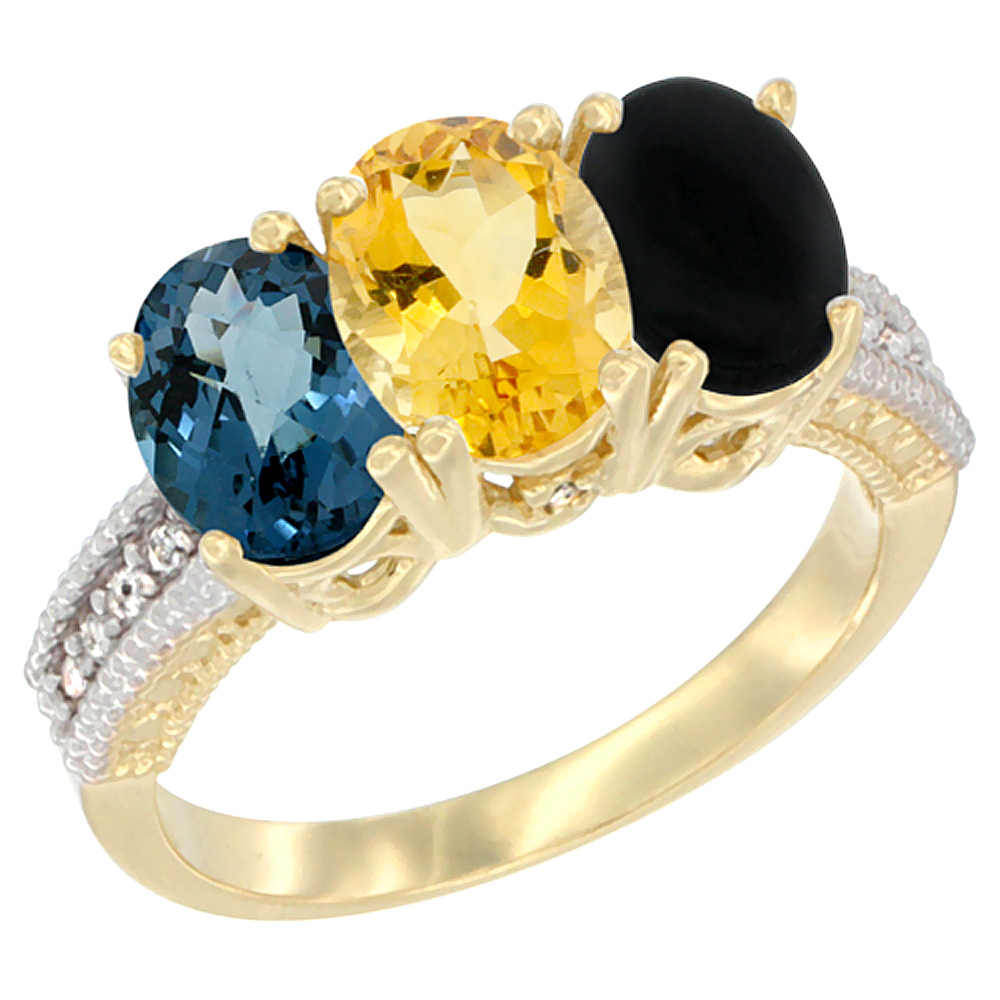 10K Yellow Gold Diamond Natural London Blue Topaz, Citrine &amp; Black Onyx Ring 3-Stone Oval 7x5 mm, sizes 5 - 10