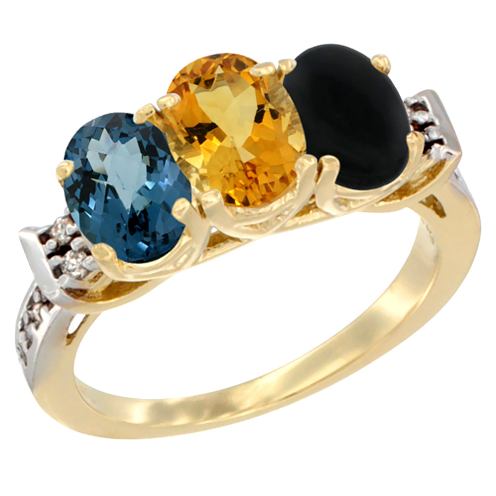 10K Yellow Gold Natural London Blue Topaz, Citrine &amp; Black Onyx Ring 3-Stone Oval 7x5 mm Diamond Accent, sizes 5 - 10