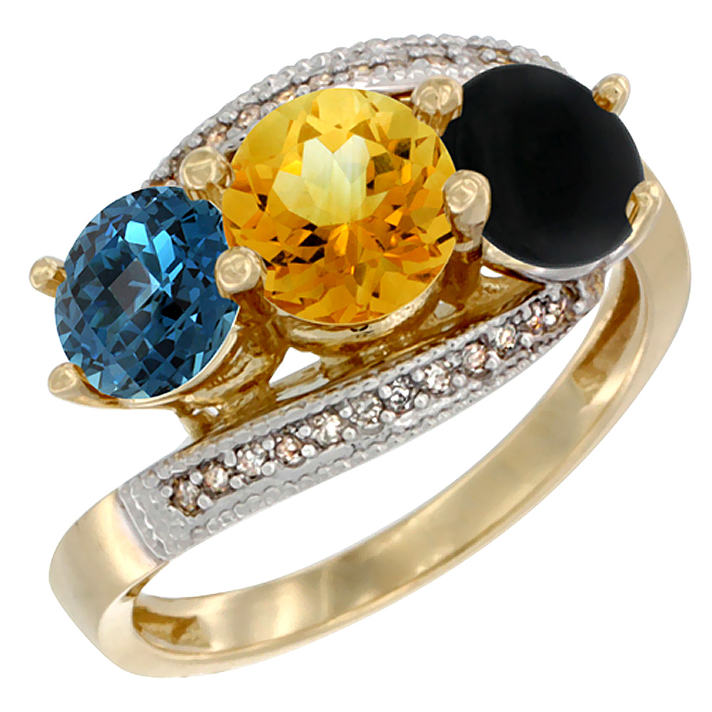 10K Yellow Gold Natural London Blue Topaz, Citrine &amp; Black Onyx 3 stone Ring Round 6mm Diamond Accent, sizes 5 - 10