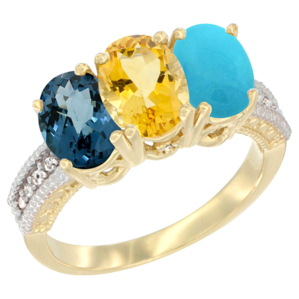 14K Yellow Gold Natural London Blue Topaz, Citrine & Turquoise Ring 3-Stone 7x5 mm Oval Diamond Accent, sizes 5 - 10