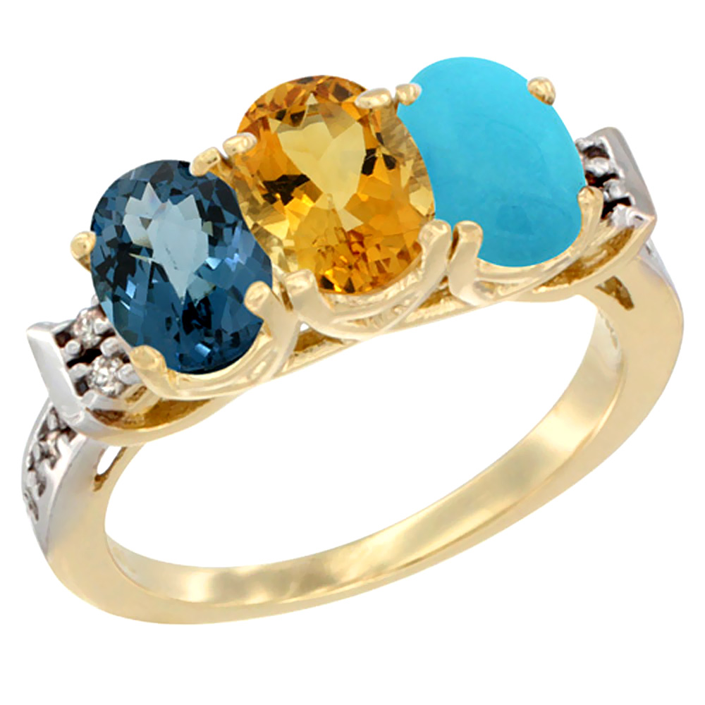 10K Yellow Gold Natural London Blue Topaz, Citrine &amp; Turquoise Ring 3-Stone Oval 7x5 mm Diamond Accent, sizes 5 - 10