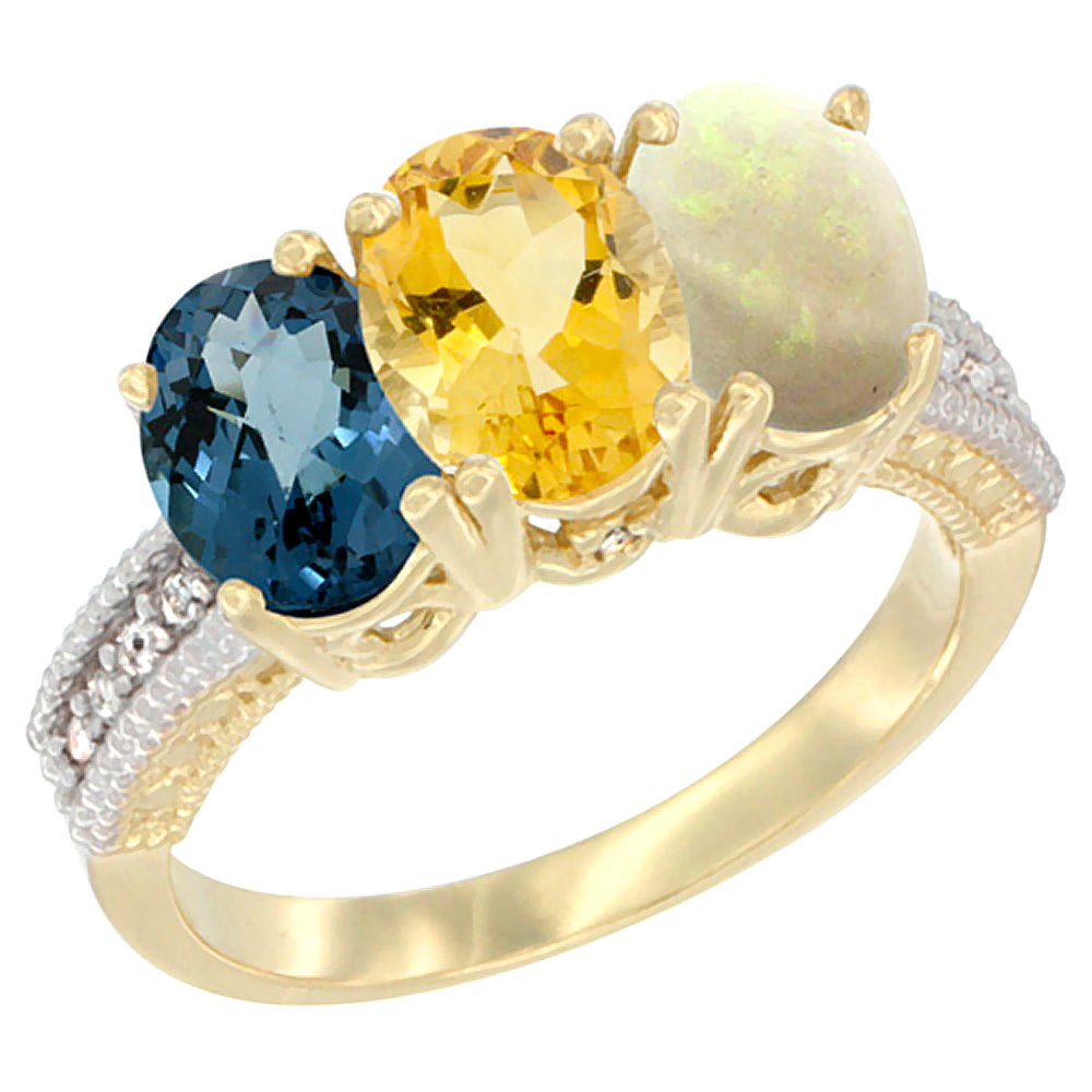 10K Yellow Gold Diamond Natural London Blue Topaz, Citrine & Opal Ring 3-Stone Oval 7x5 mm, sizes 5 - 10