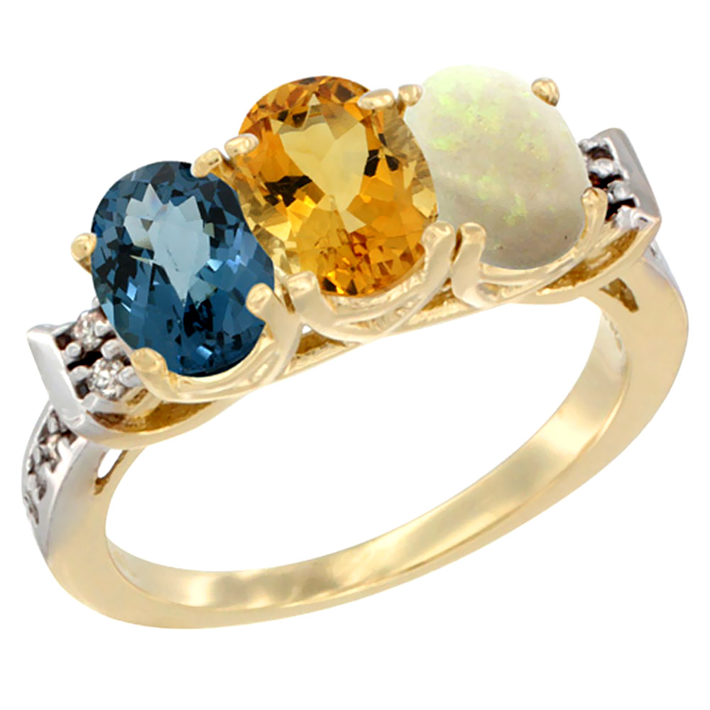 10K Yellow Gold Natural London Blue Topaz, Citrine &amp; Opal Ring 3-Stone Oval 7x5 mm Diamond Accent, sizes 5 - 10