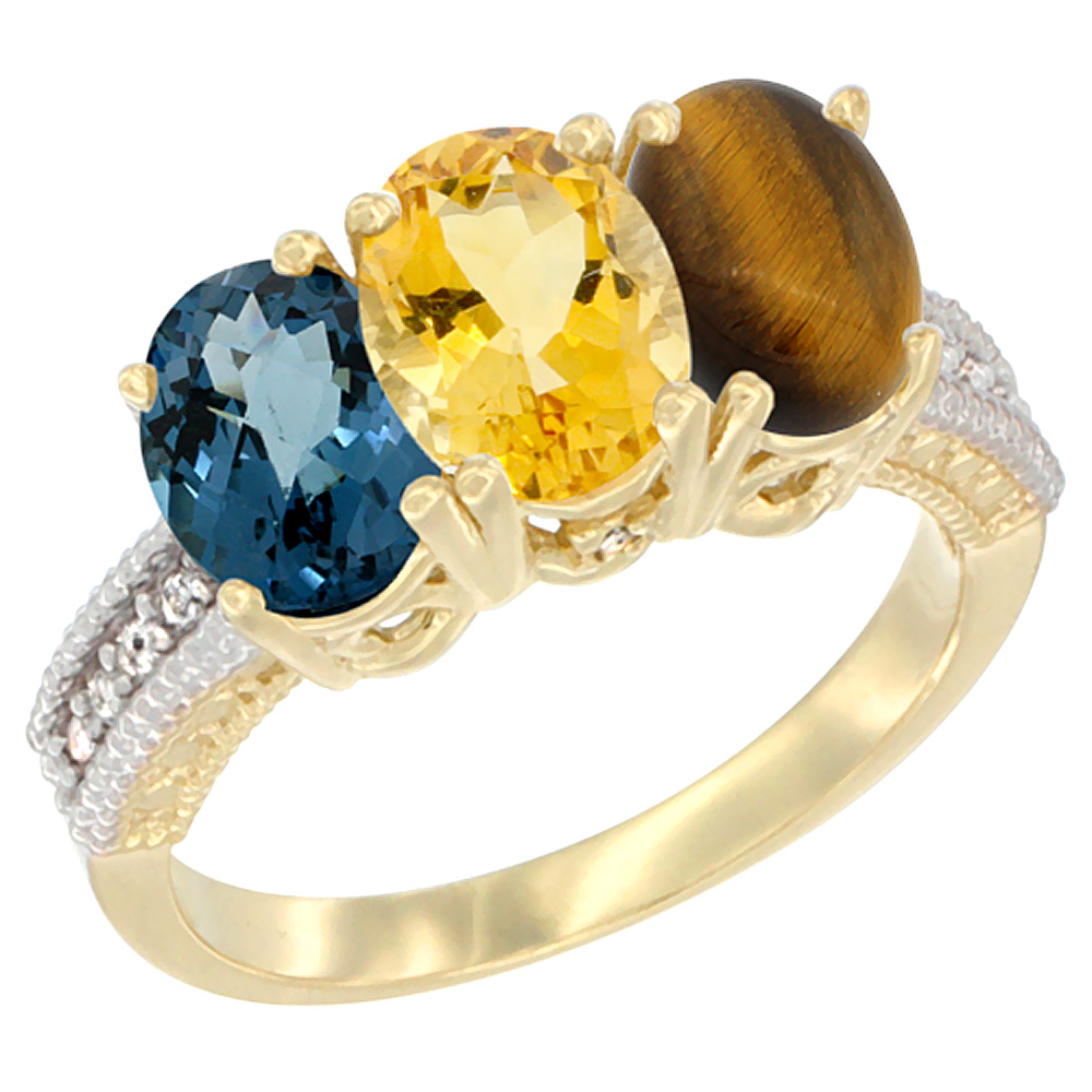 10K Yellow Gold Diamond Natural London Blue Topaz, Citrine & Tiger Eye Ring 3-Stone Oval 7x5 mm, sizes 5 - 10