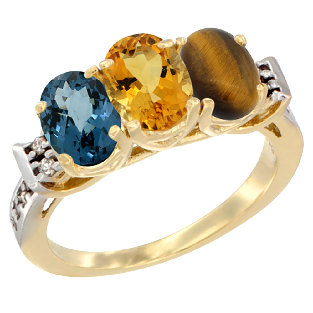10K Yellow Gold Natural London Blue Topaz, Citrine &amp; Tiger Eye Ring 3-Stone Oval 7x5 mm Diamond Accent, sizes 5 - 10