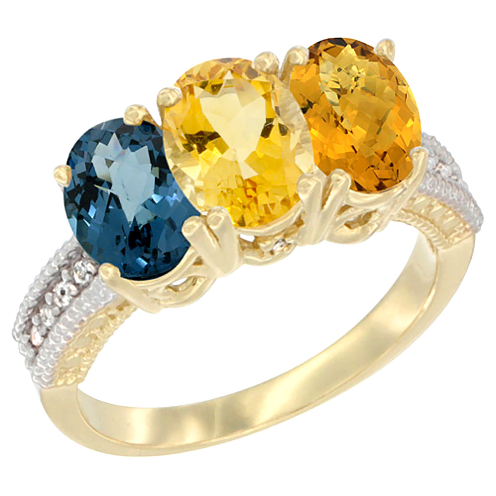 14K Yellow Gold Natural London Blue Topaz, Citrine &amp; Whisky Quartz Ring 3-Stone 7x5 mm Oval Diamond Accent, sizes 5 - 10